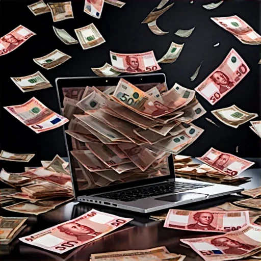 Viele Geldscheine fallen auf einen Laptop. Als Symbol für viel Geld aus dem Internet.